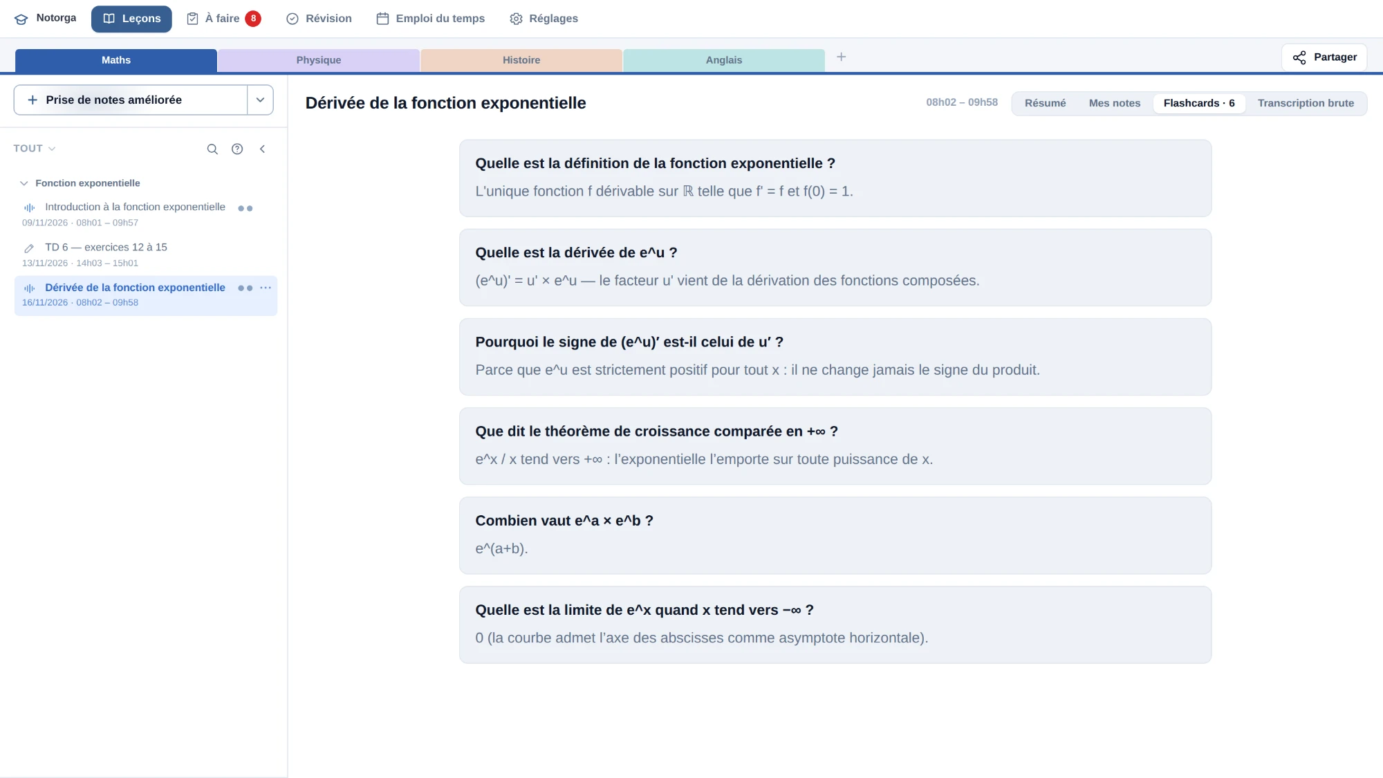L'onglet Flashcards d'une leçon de Notorga : six cartes question / réponse tirées du cours.
