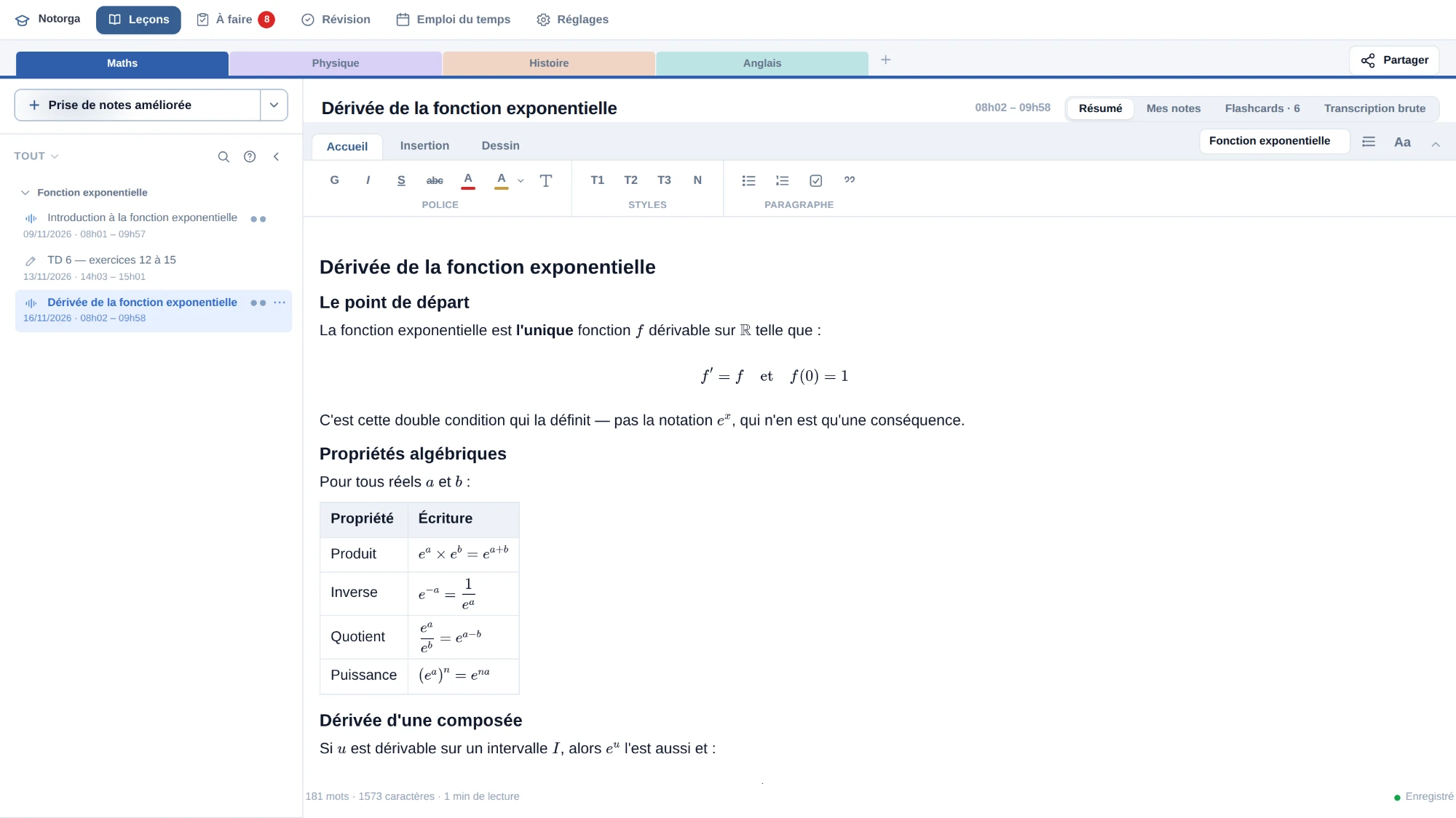 Notorga sur ordinateur : la liste des leçons à gauche, un cours de maths rédigé à droite, avec ses formules et son tableau de propriétés.