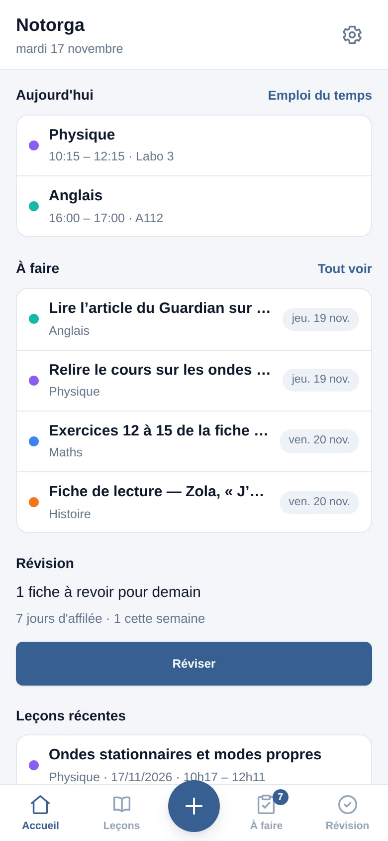Notorga sur iPhone : les cours du jour, les devoirs à rendre et la révision du soir.