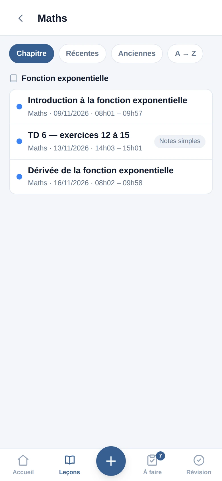 La liste des leçons de maths sur iPhone dans Notorga, rangée par chapitre.